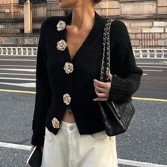 Black Casual Women's V-Neck Rose Button-Up knit sweater Cardigan - Picture 3 of 7